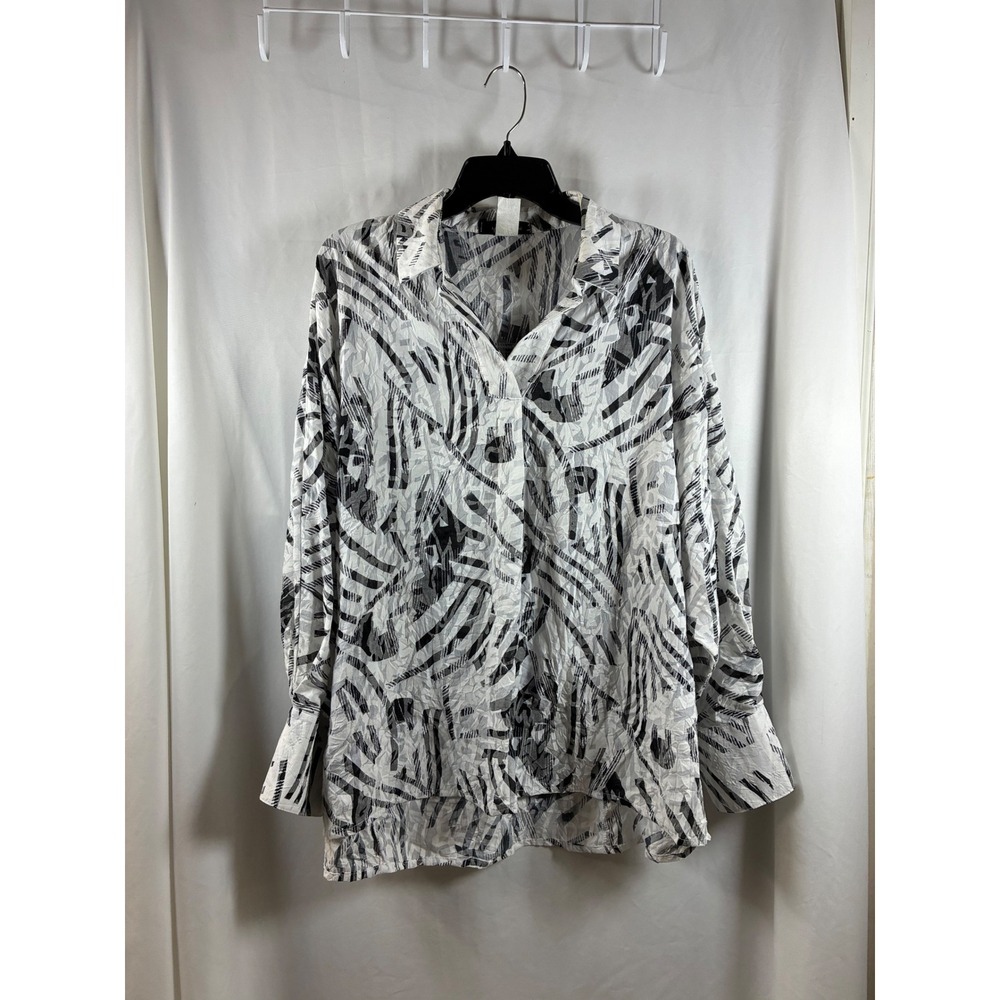 Yushi Womens Abstract Print Back Button Blouse Black White Textured Shirt L